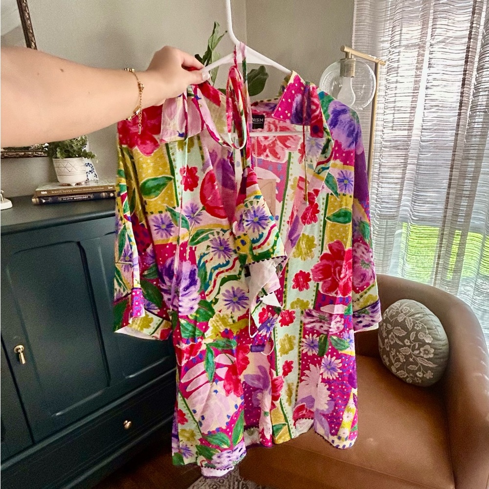 Kittenish Pink Graphic Tie Front Blouse